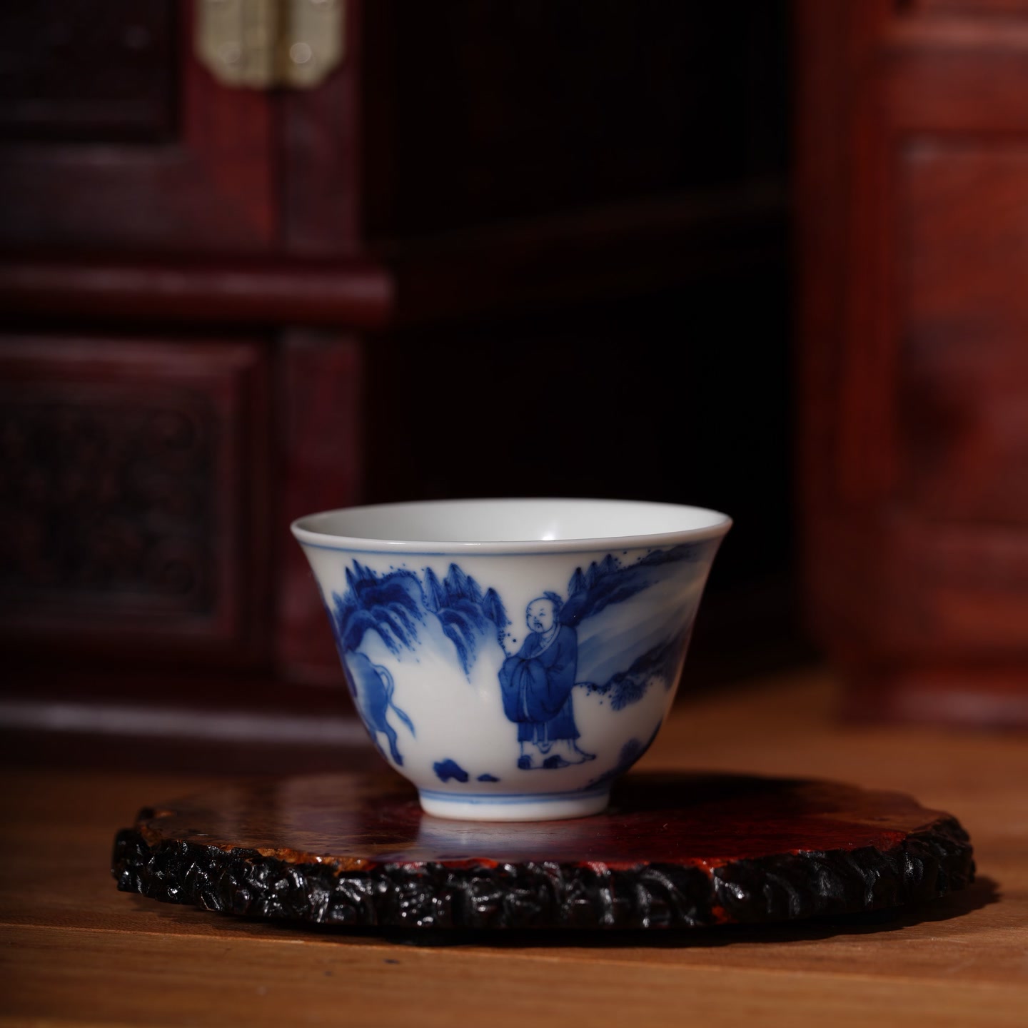 清康熙仿古“大明嘉靖年製”款青花山水人物高士图杯官仿官 