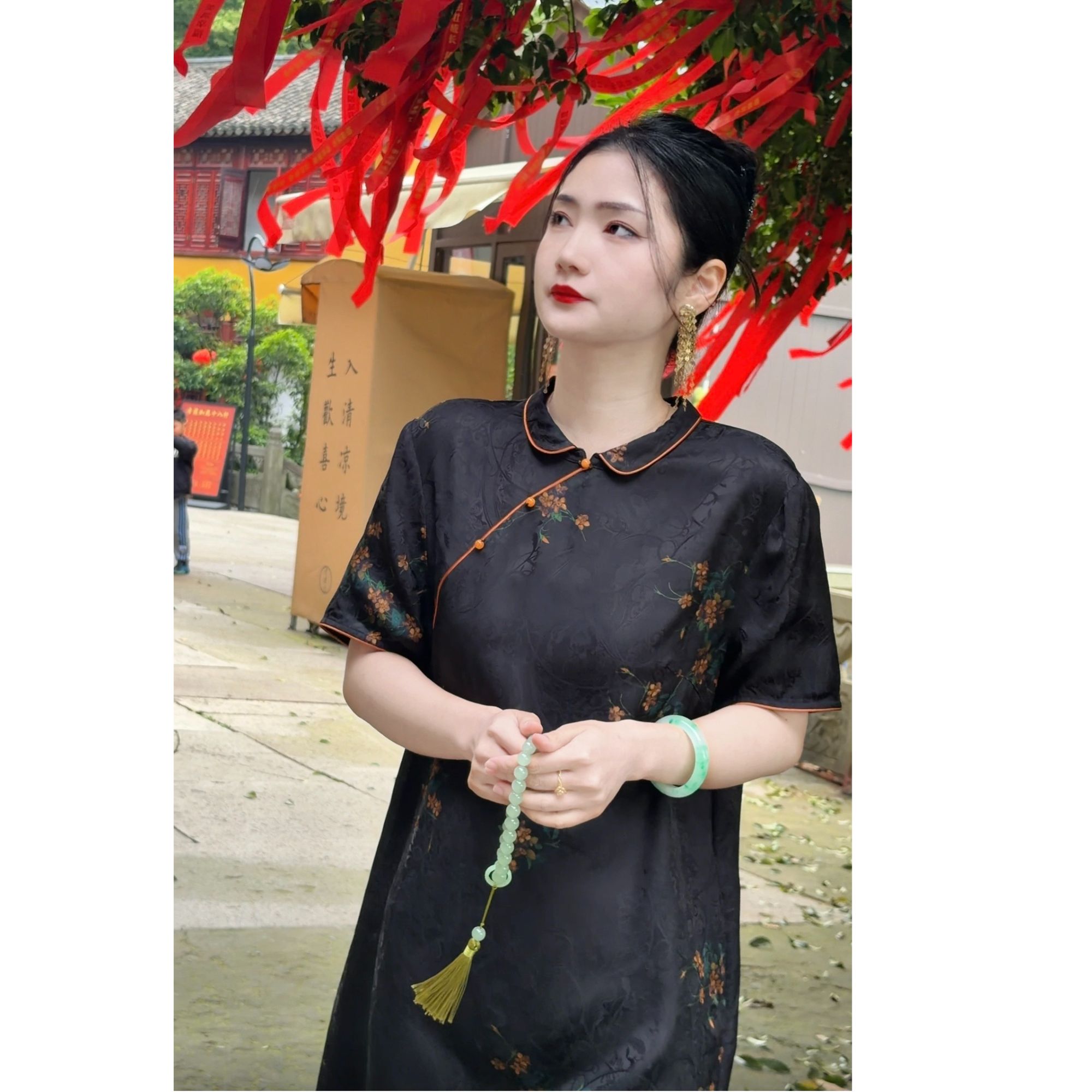 [墨上花开]26新款提花缎花萝琉璃扣香云纱连衣裙衣服气质LY021