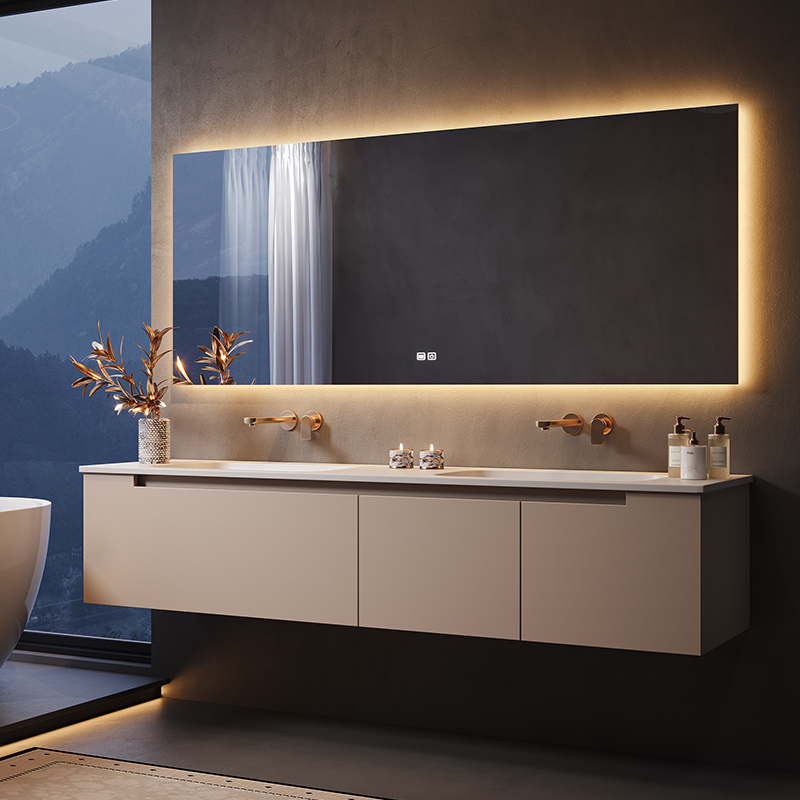 现代简约双盆浴室柜组合岩板洗手池脸盆柜橡木卫生间洗漱台柜定制