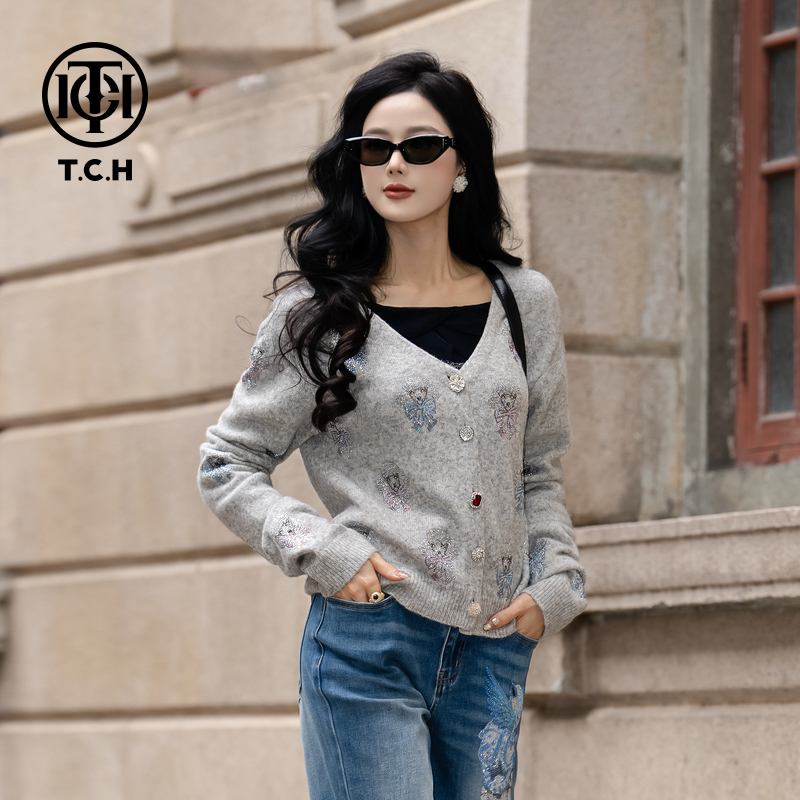 TCH（含羊驼毛）秋冬时尚灰色长袖针织开衫T75C43E9001私服tch