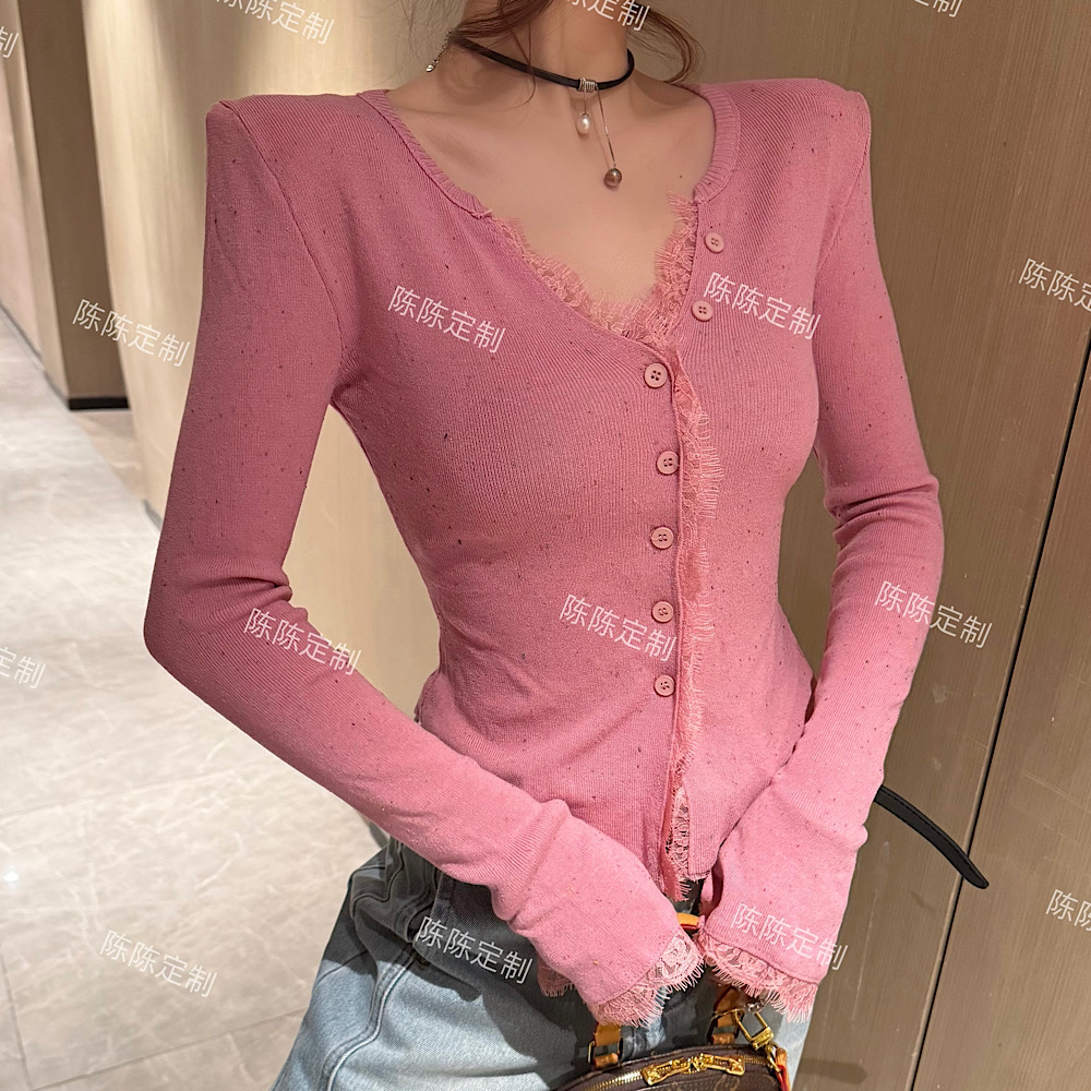 【CCDZ】春装新款时尚设计感拼蕾丝边前开扣V领针织上衣女