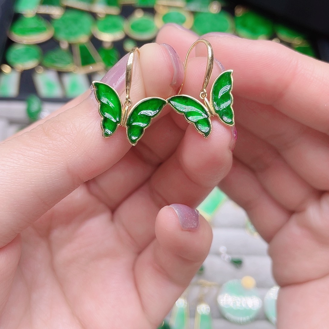 翡翠耳饰18K金镶嵌天然翡翠