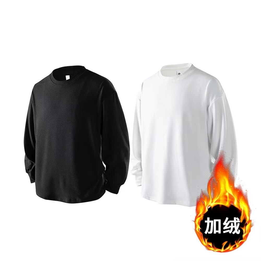 纯色圆领德绒加绒加厚版打底衫秋冬季美式潮流宽松长袖t恤-766