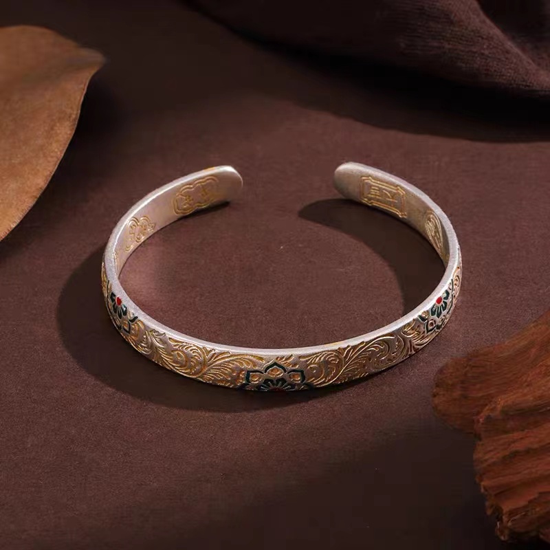 足银手镯 中式唐草纹宝相花磨砂CL068