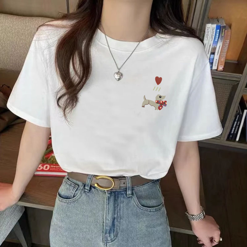 正肩女款小狗图案纯棉短袖新款圆领韩版宽松休闲百搭时尚内搭外穿