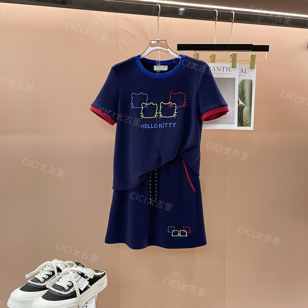 猫咪聚会  气质时尚拼接显瘦圆领短袖高腰半裙两件套LL-4000058