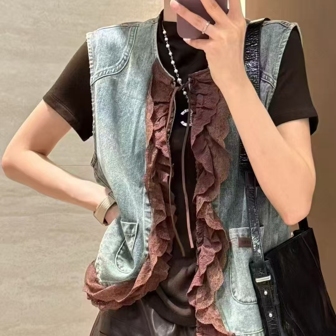秋季新款圆领木耳边无袖衬衫搭配高腰阔腿裤休闲套装女