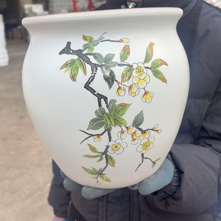 紫砂茶碗手绘口径21高度22