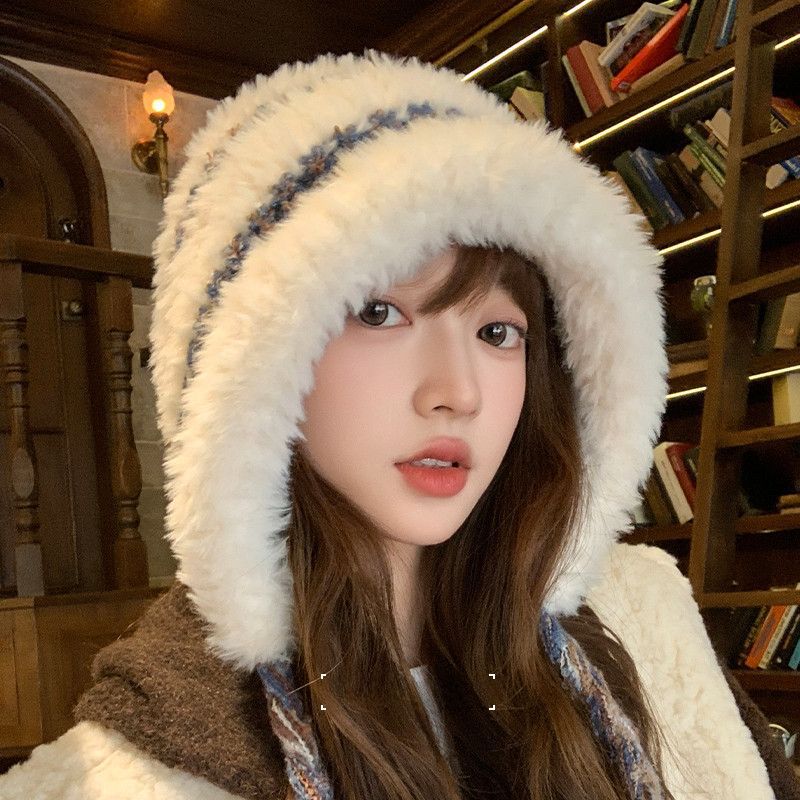 冬季保暖护耳彩绳毛绒帽女百搭防风针织毛线帽加绒加厚骑头围帽子