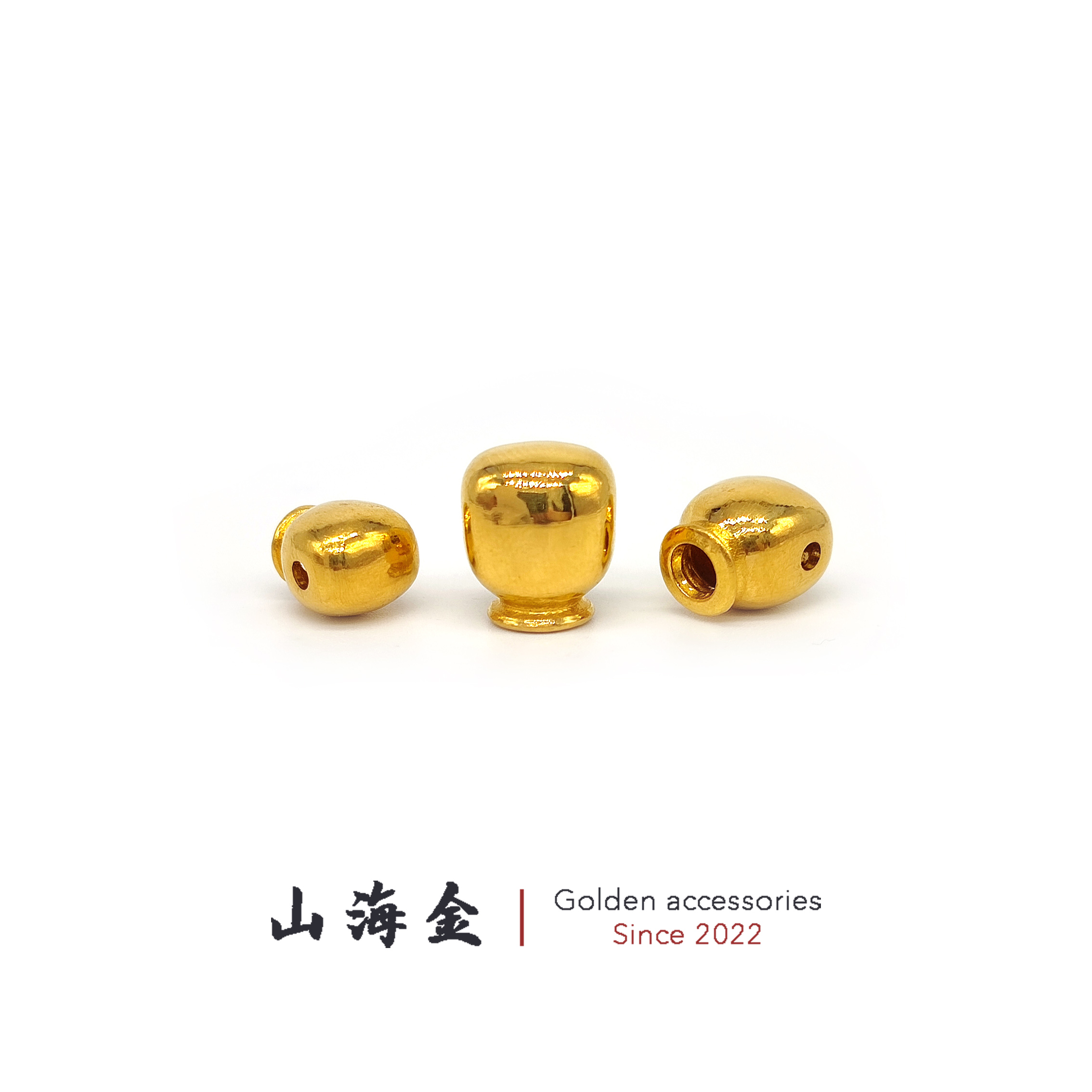 山海金 24K纯黄金足金短款胖潜水艇三通佛头文玩手串百香籽金配饰