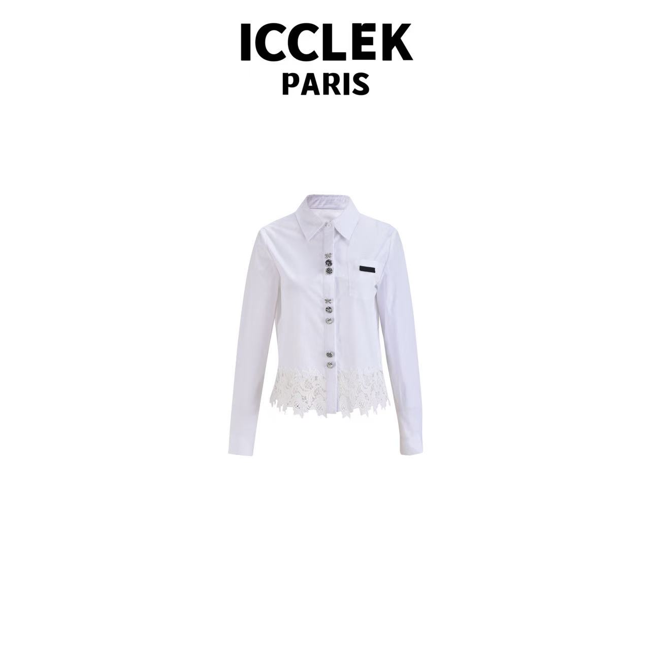 ICCLEK 白色蕾丝边衬衣 百褶 设计感 洋气 气质 -5157