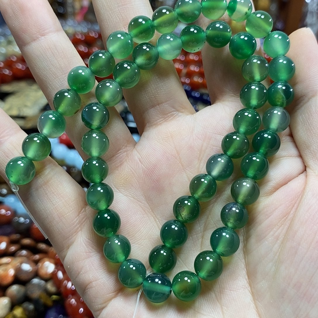 孤***火玛瑙/玉髓未镶嵌珠宝半成品绿玛瑙一条卡8mm