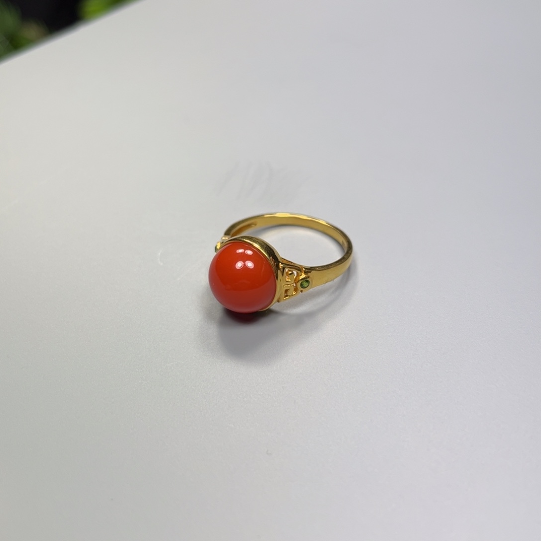 南红玛瑙柿子红戒指大水沟18K金镶嵌
