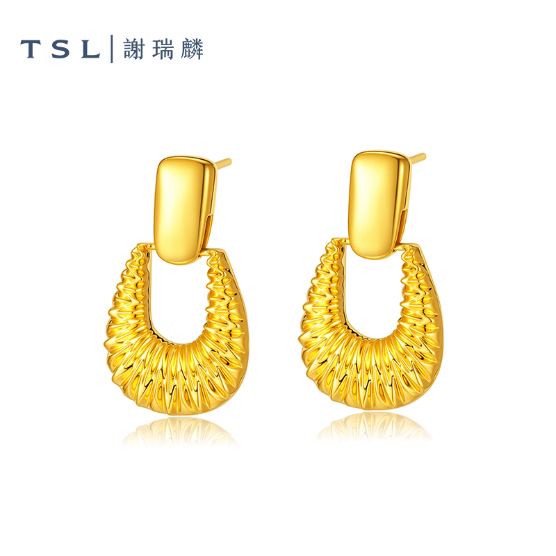 TSL/谢瑞麟计价足金5D马蹄几何复古黄金耳钉新年爆款方形女款耳饰