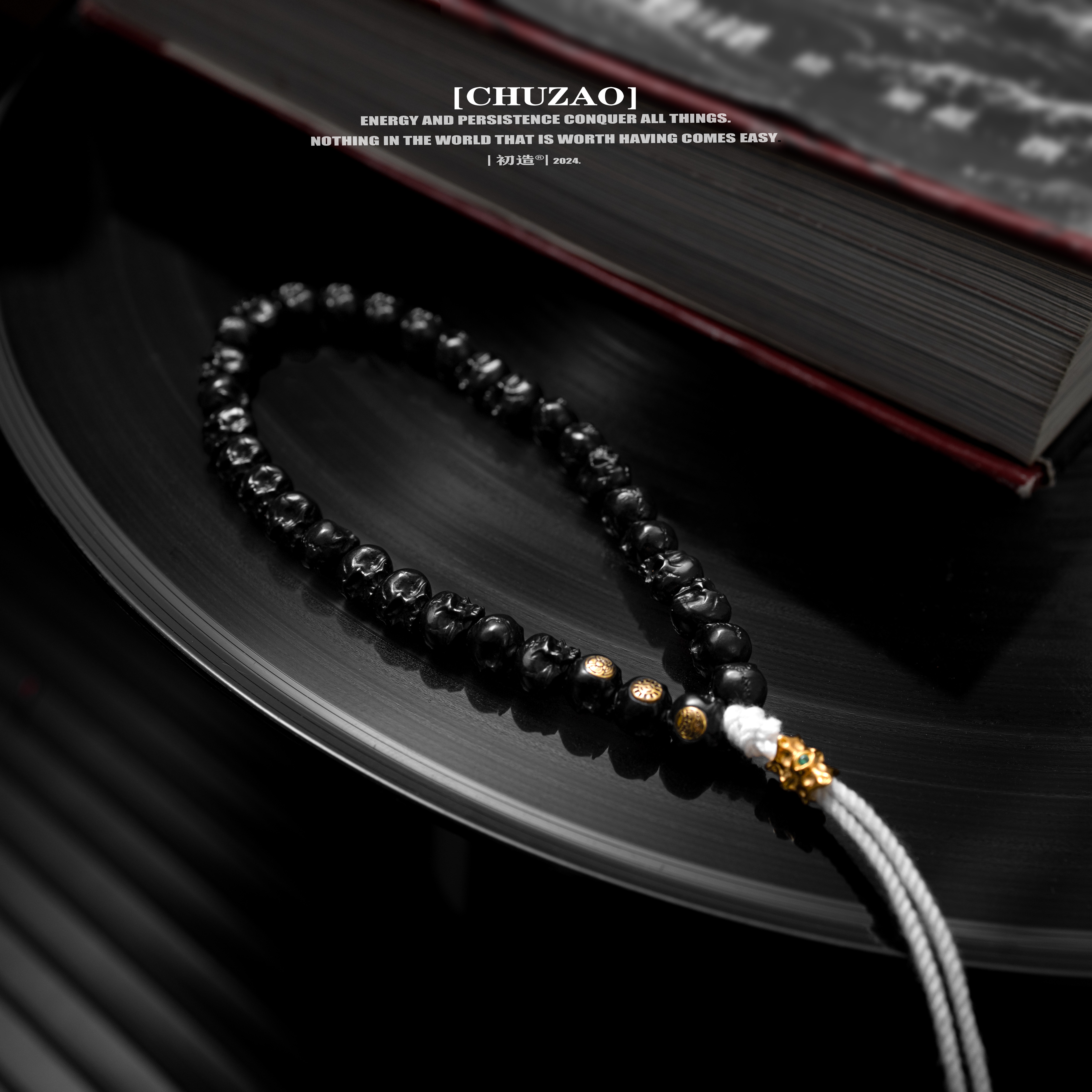 【初造】半鄂墨玉手持单圈金标雕刻和田玉镶嵌轻奢气质复古百搭情侣