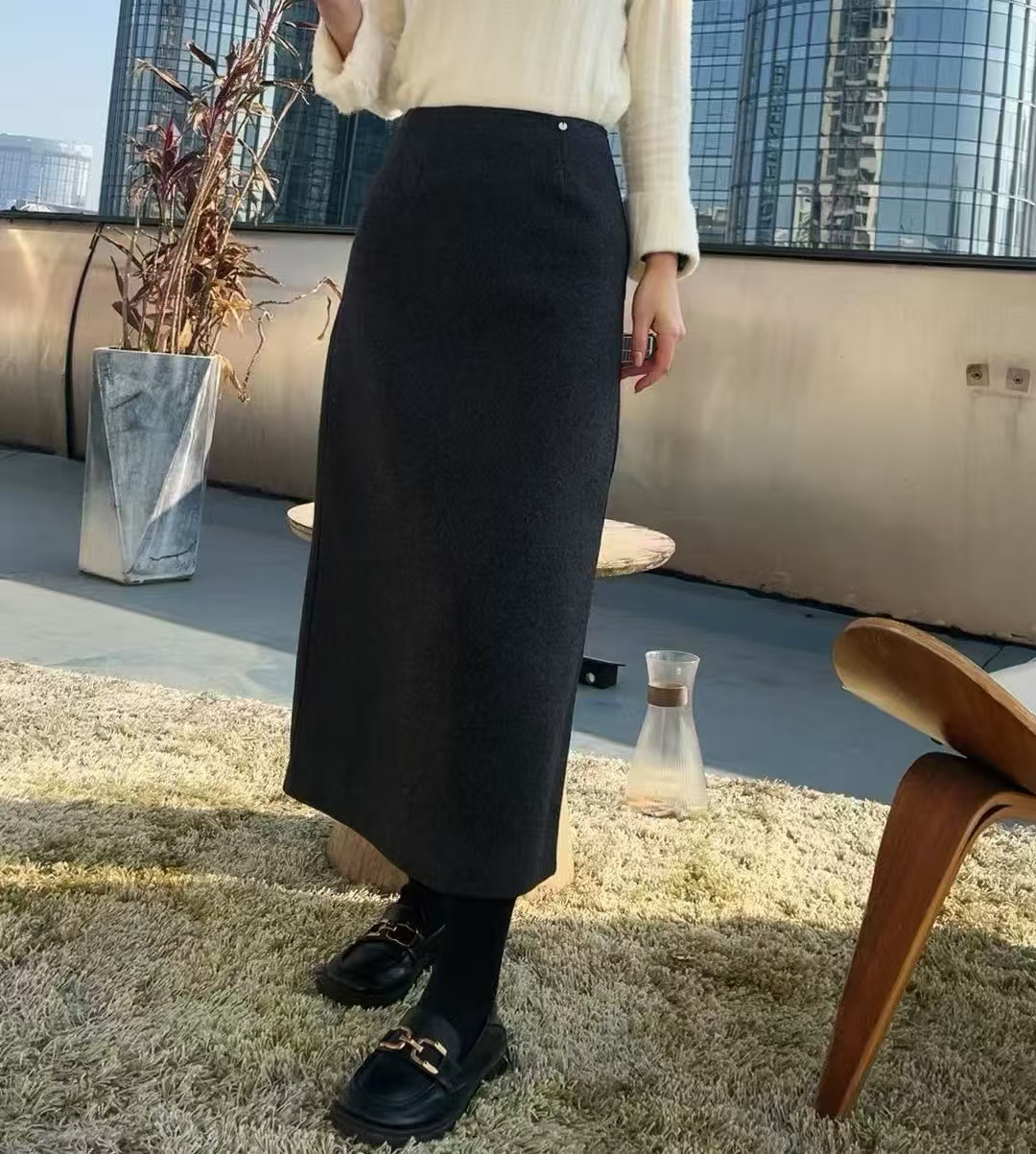 【1778】高腰半身裙女冬季新款开叉一步包臀a字裙显瘦气质毛呢长裙