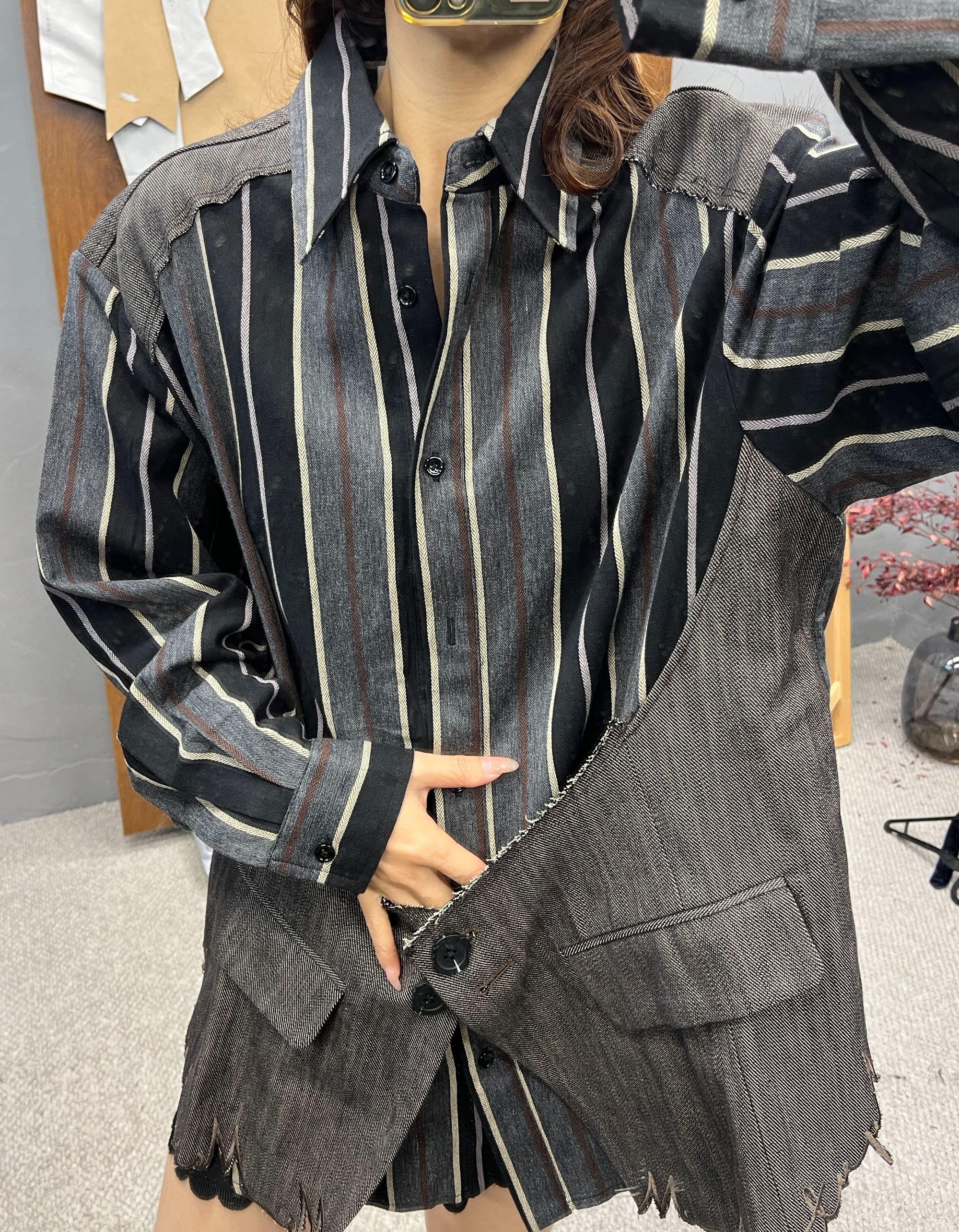 拼接条纹春季成人翻领衬衫袖时尚衬衫秋季厚款3879