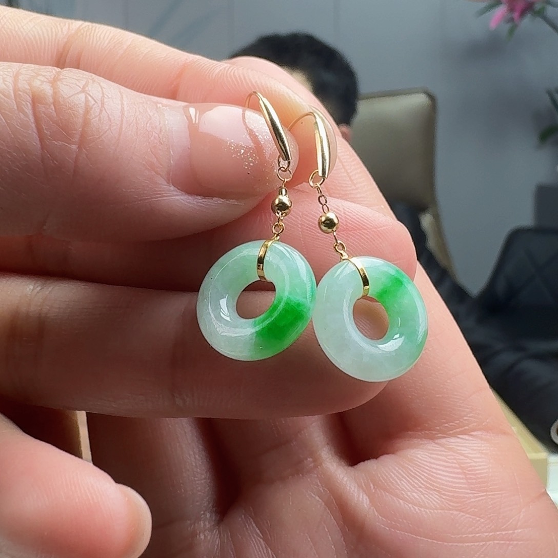 翡翠耳饰18K金镶嵌天然