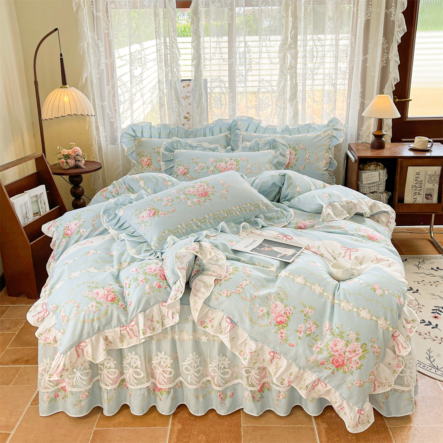 韩版公主风纯棉床裙四件套双层精致蕾丝花边全棉透气被罩防滑床罩