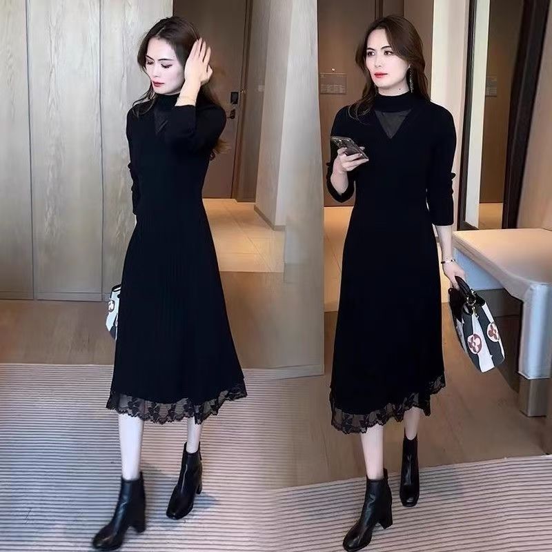 蕾丝针织连衣裙中长款女秋冬配大衣过膝修身显瘦红色毛衣打底裙子