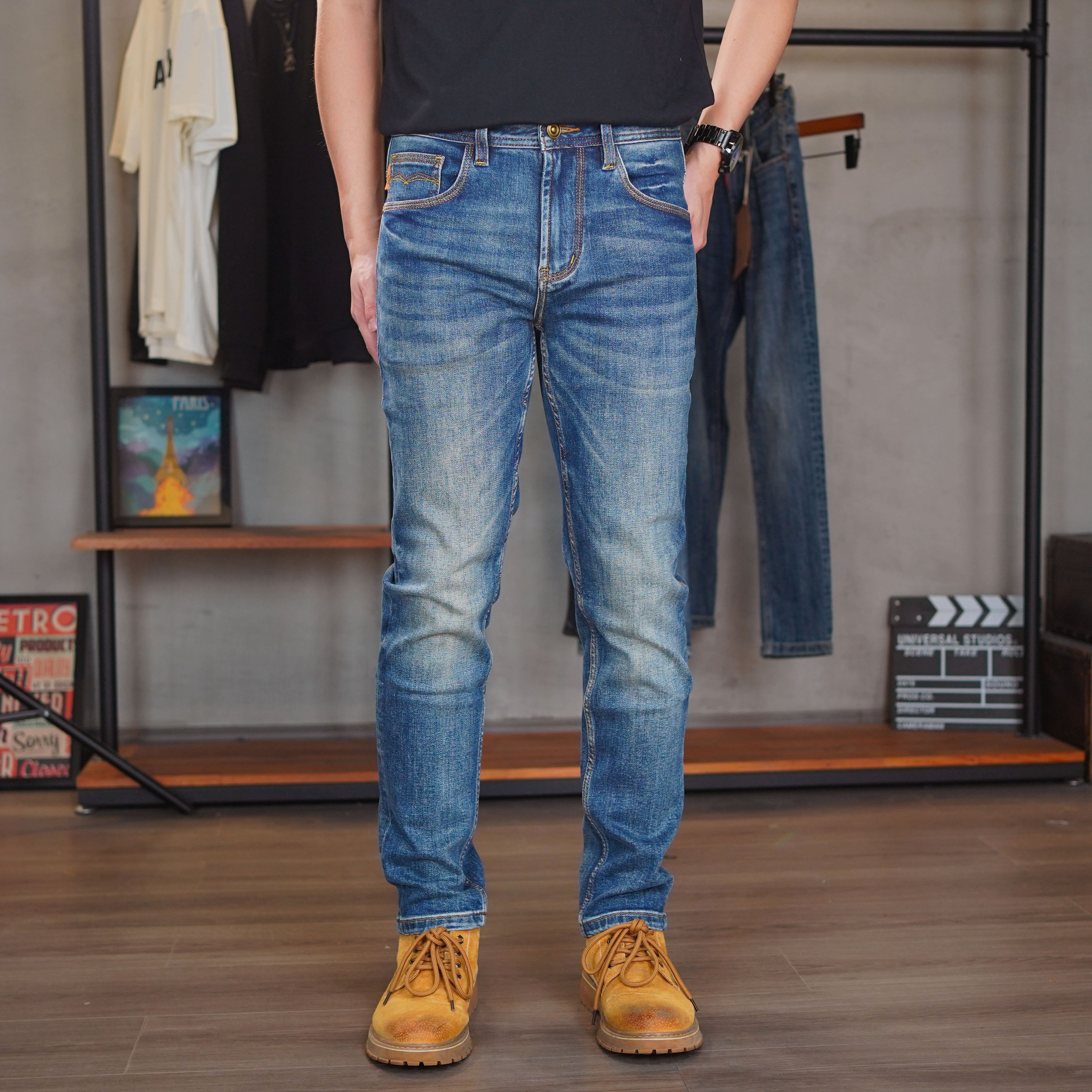 DH81061秋冬中性复古蓝颜色男士牛仔裤修身牛仔裤弹力修身小直筒