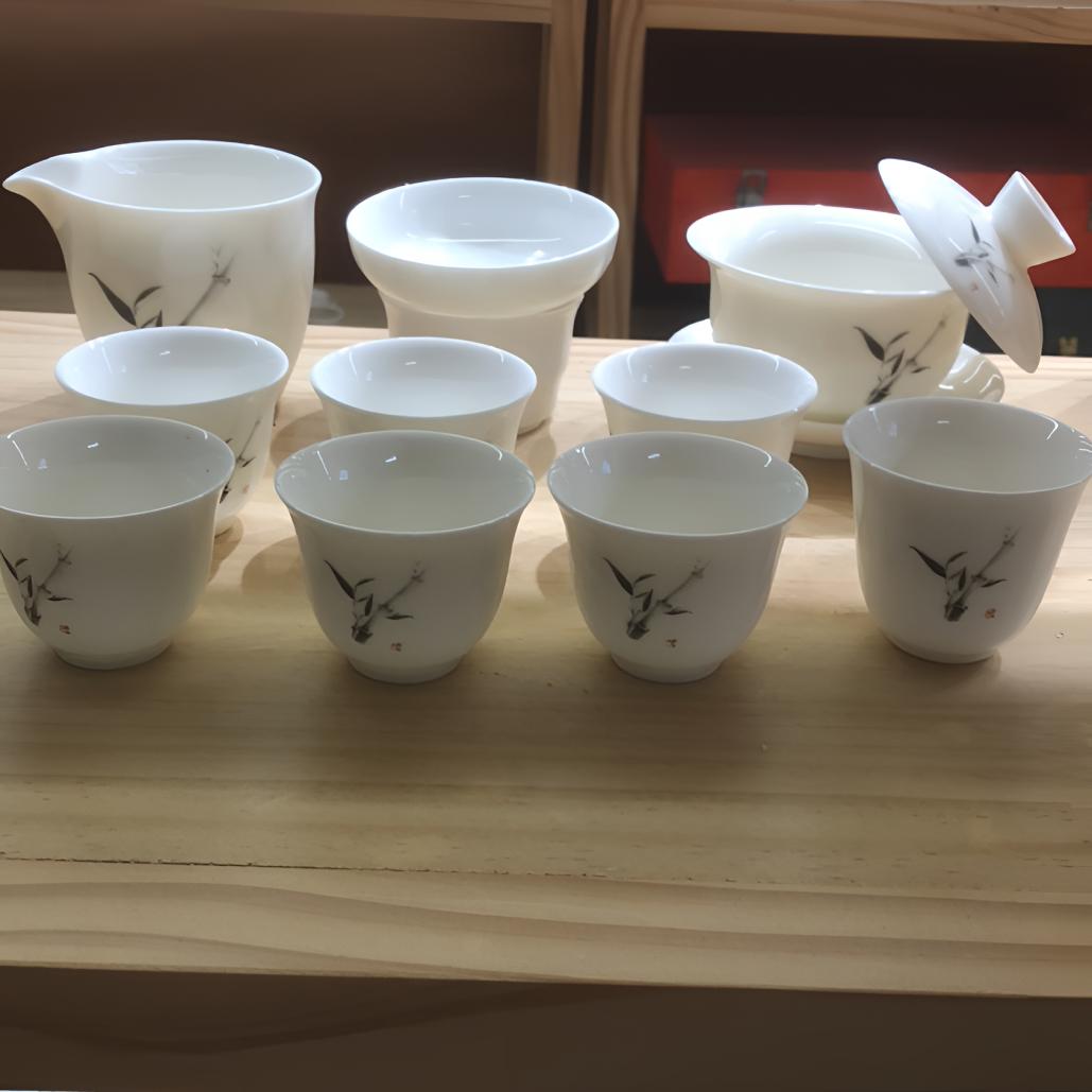 墨竹羊脂玉瓷茶具套组盖碗11头