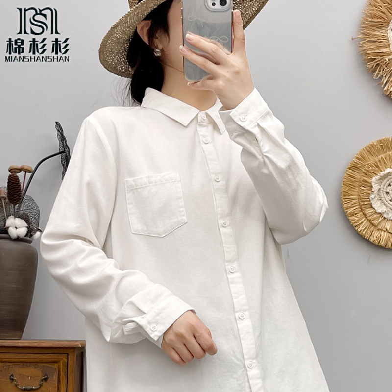 秋冬厚款磨毛软糯 长袖衬衫女 气质尖领纯棉翻领纯色口袋白搭衬衣