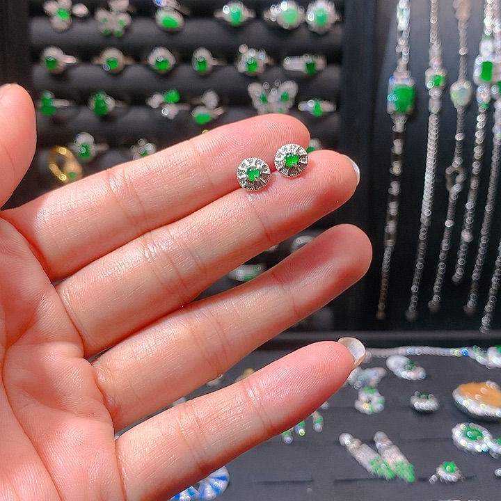 翡翠戒指银S925镶嵌耳钉