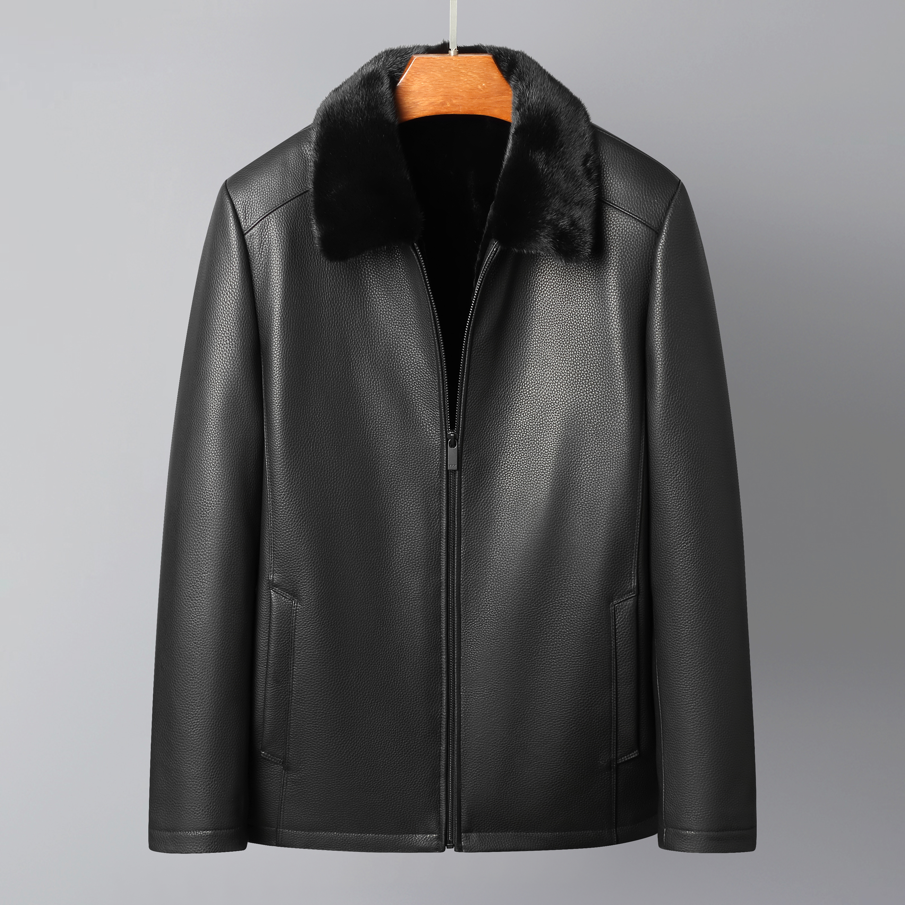 87058鹿皮皮衣男士水貂内胆整皮夹克款 海宁男装皮外套秋冬保暖黑