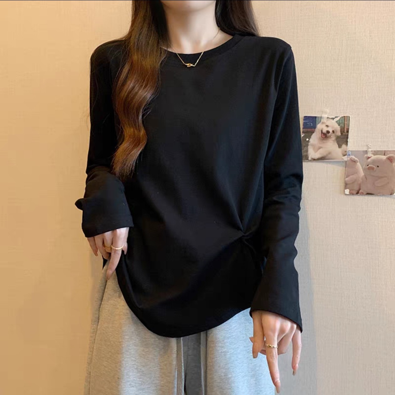 新款大码6661设计感正肩磨毛遮肚显瘦上衣（以直播间实物为准）