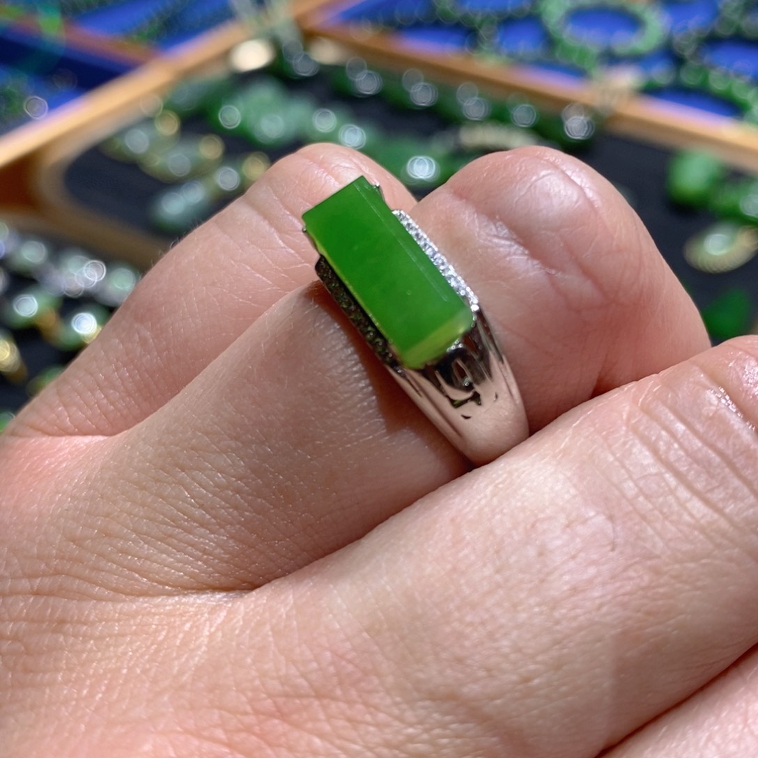 和田玉（碧玉）戒指银S925镶嵌小*盖