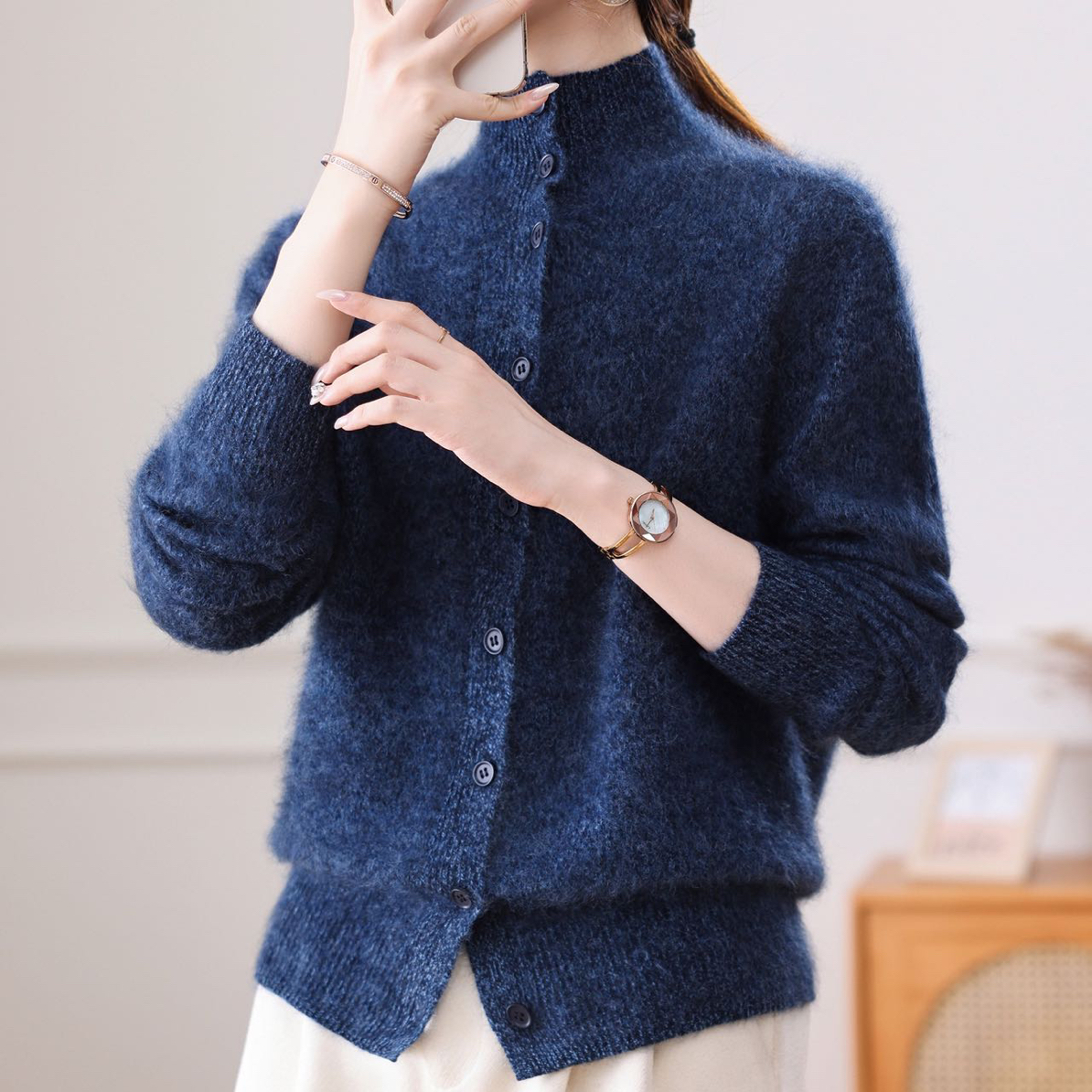 花纱拉绒半高领可立可翻宽松韩版时尚百搭保暖针织毛衣女6596