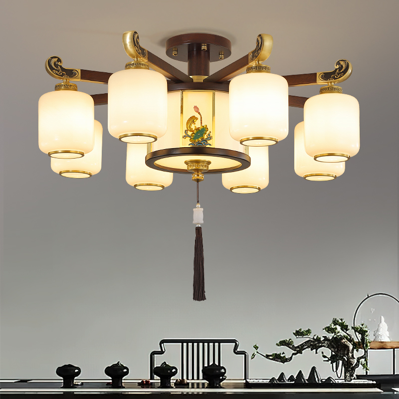 鲤鱼荷花新中式朝下款高端乌金木全铜禅意吊灯客厅餐厅卧室6998