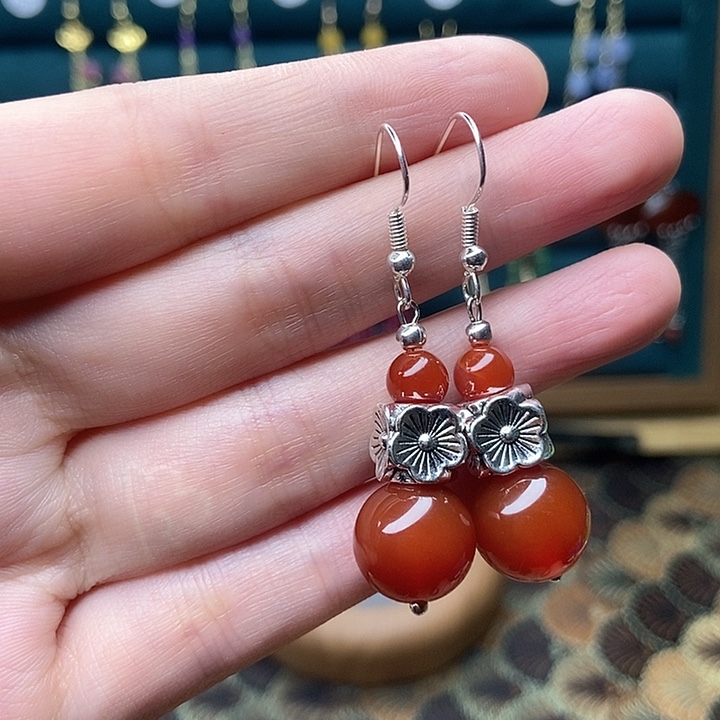 石英质玉耳钉银S925镶嵌