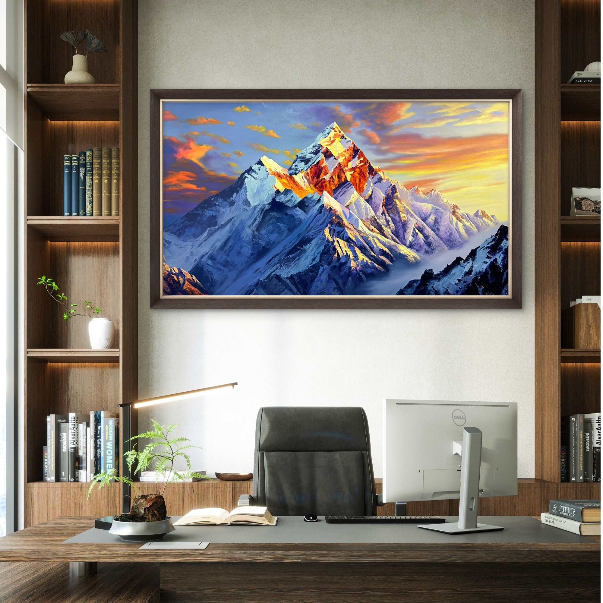 《日照金山》朝鲜画家金哲俊纯手绘油画背靠金山大气轻奢办公室挂画