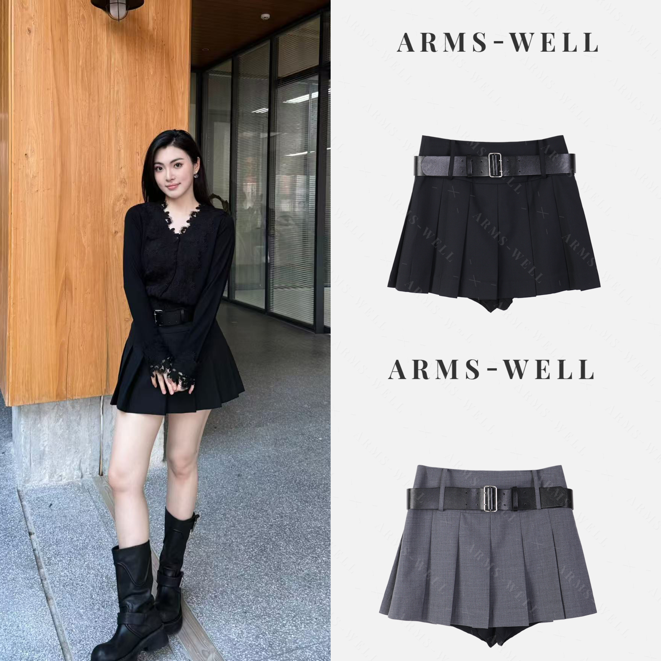 ARMS WELL王囡囡 黑/灰绵羊毛学院风百褶裙裤（有内衬 有腰带）L61