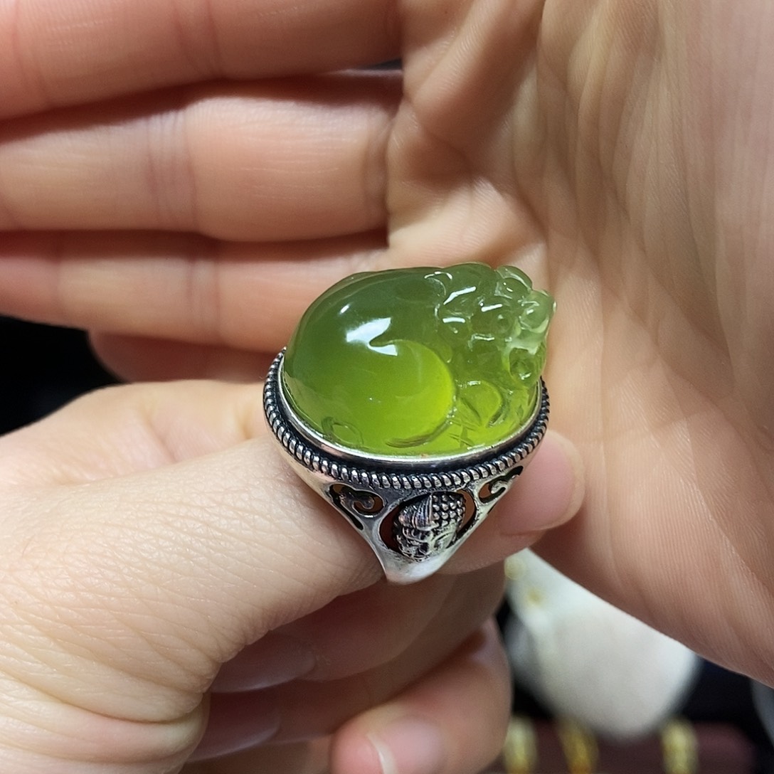 岫玉挂件吊坠戒指银S925镶嵌