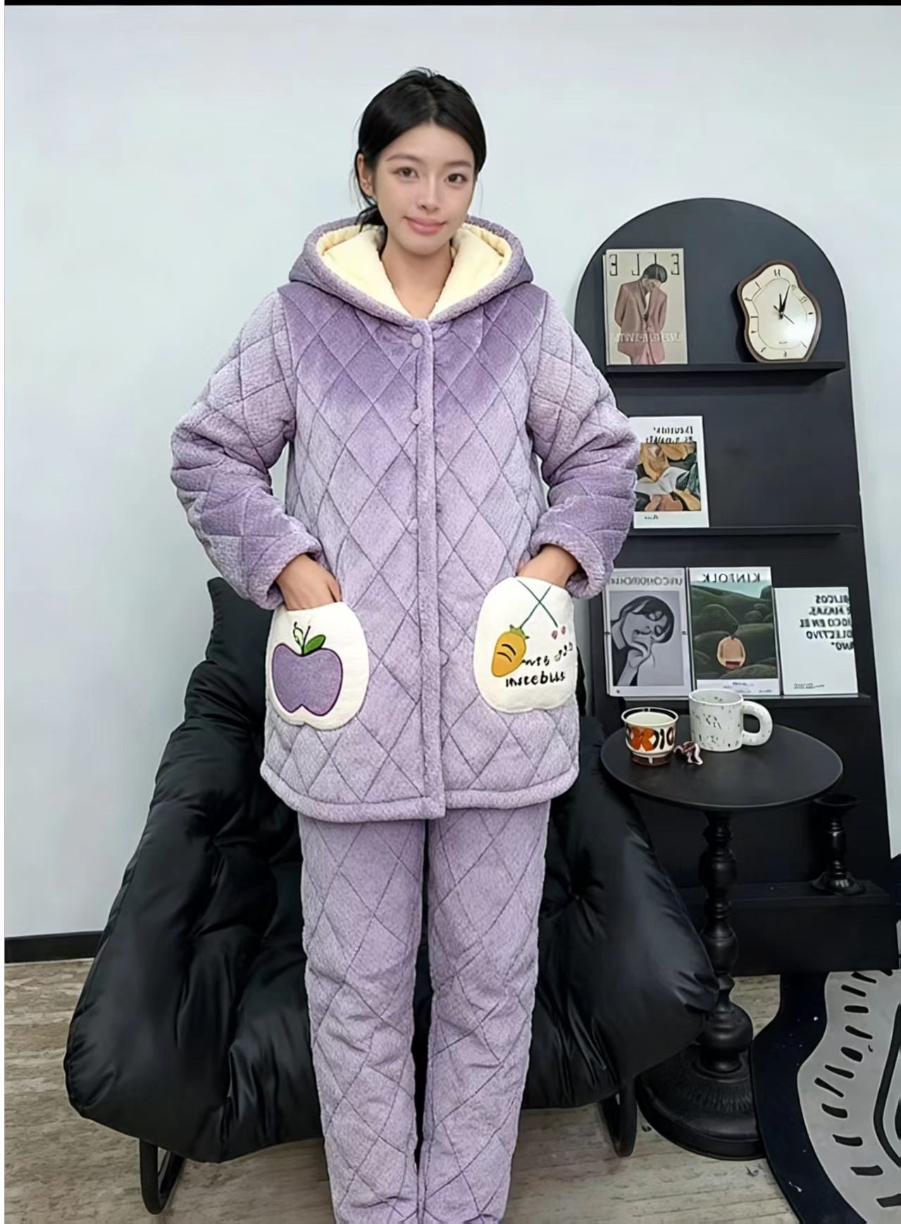  【0242紫莓】家居服套装冬天加厚外穿中长款毛绒卡通睡衣