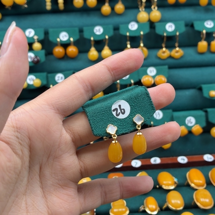 琥珀银S925镶嵌耳饰金色托