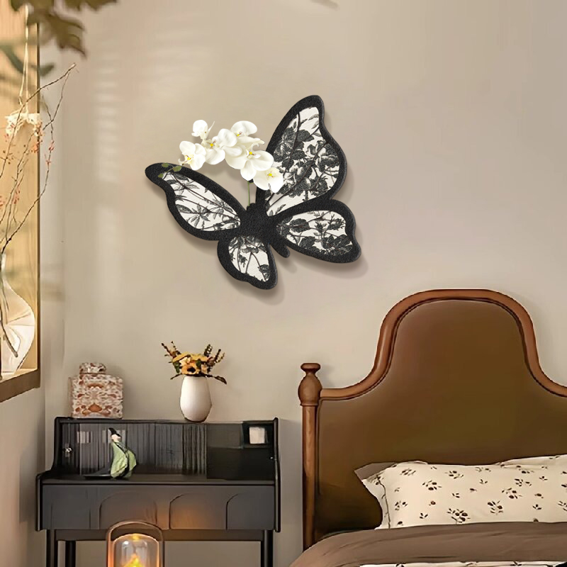 黑白蝴蝶电视背景墙装饰画法式中古风客厅挂画卧室立体砂岩画