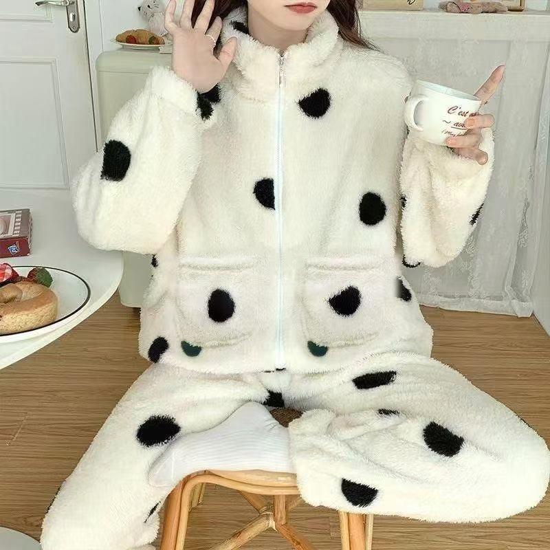 秋冬新款家居服女加绒加厚珊瑚保暖睡衣套装可外穿波点款居家服女