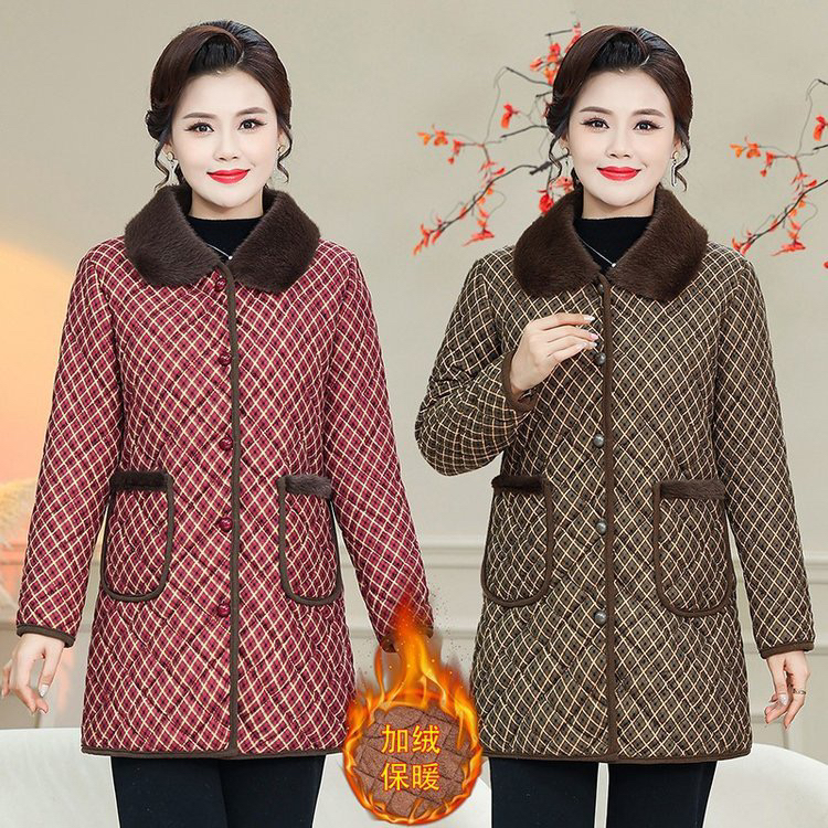 妈妈装秋冬新款中长款加绒加厚保暖格子毛领中老年女装棉衣外套女