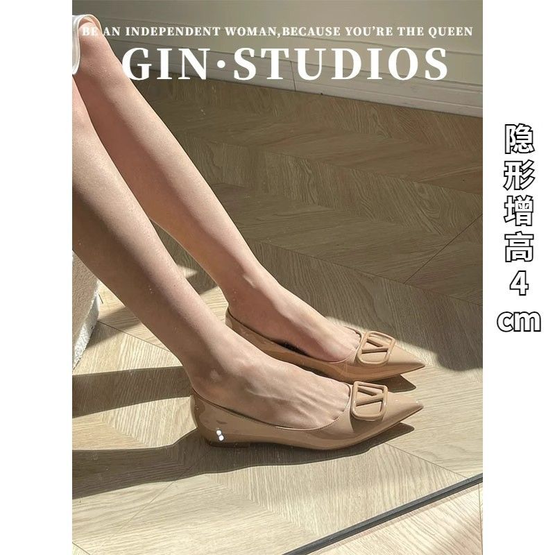 春夏新款V扣裸色内增高单鞋女尖头法式气质名媛仙女风平底晚晚鞋