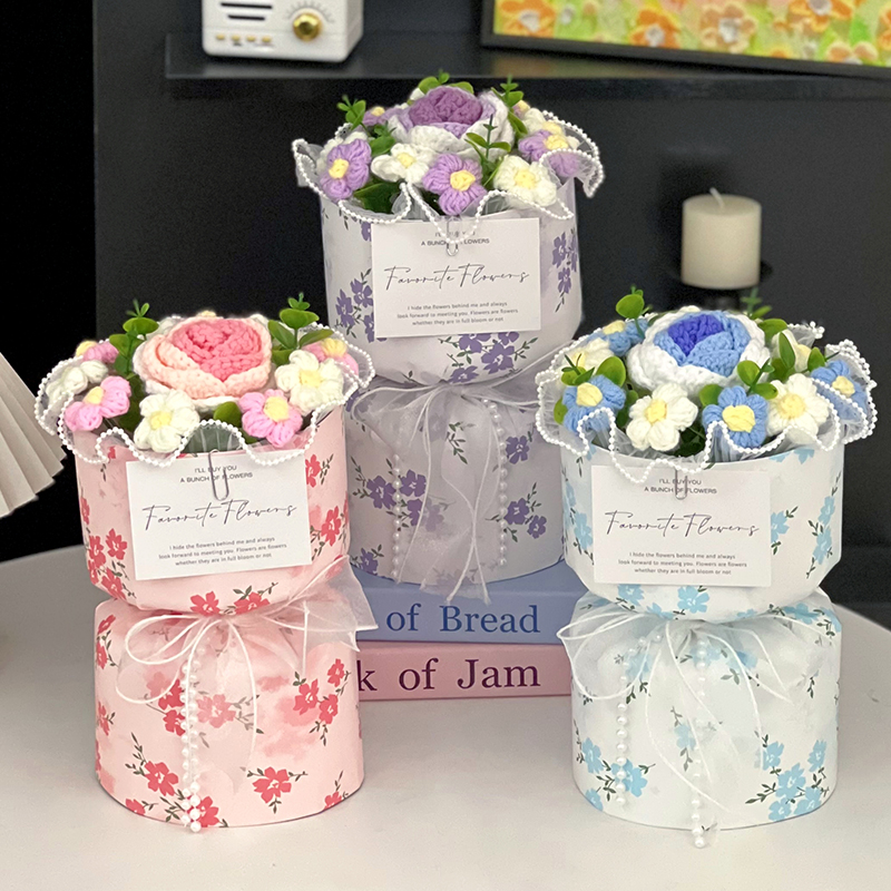 25年创意节日礼物成品手工编织毛线向日葵玫瑰花束送女朋友闺蜜花