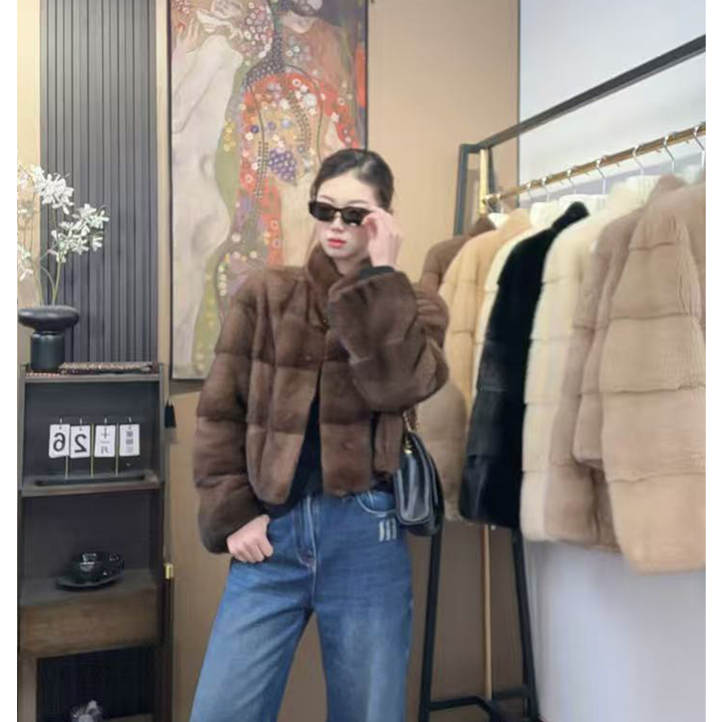 海宁2025新款横排咖啡立领真貂整貂水貂皮草女小红书爆款外套