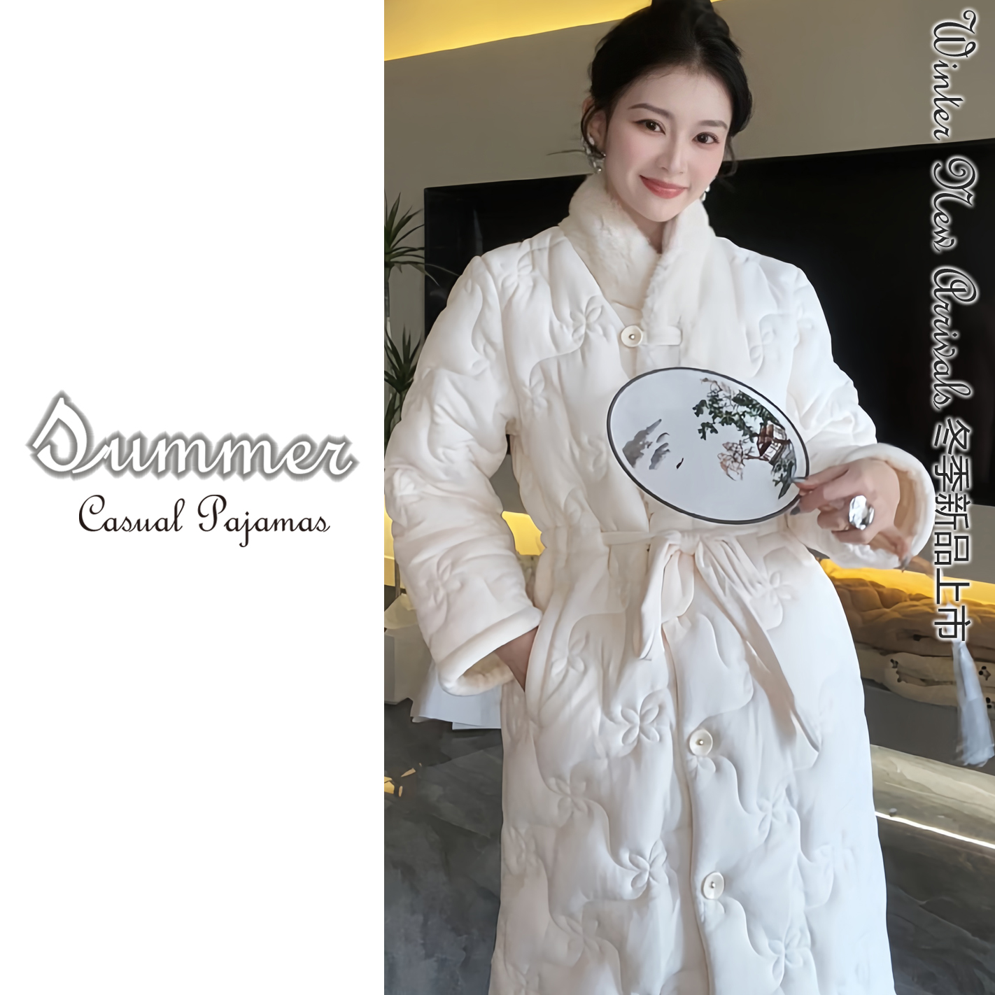 【8204白色女长袍冬季新款睡衣】女三层加厚加绒夹棉睡衣套装可外穿