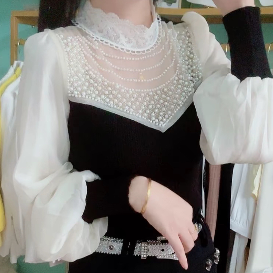 修身型包袖长袖针织拼接毛针织衫网红百搭秋冬高领