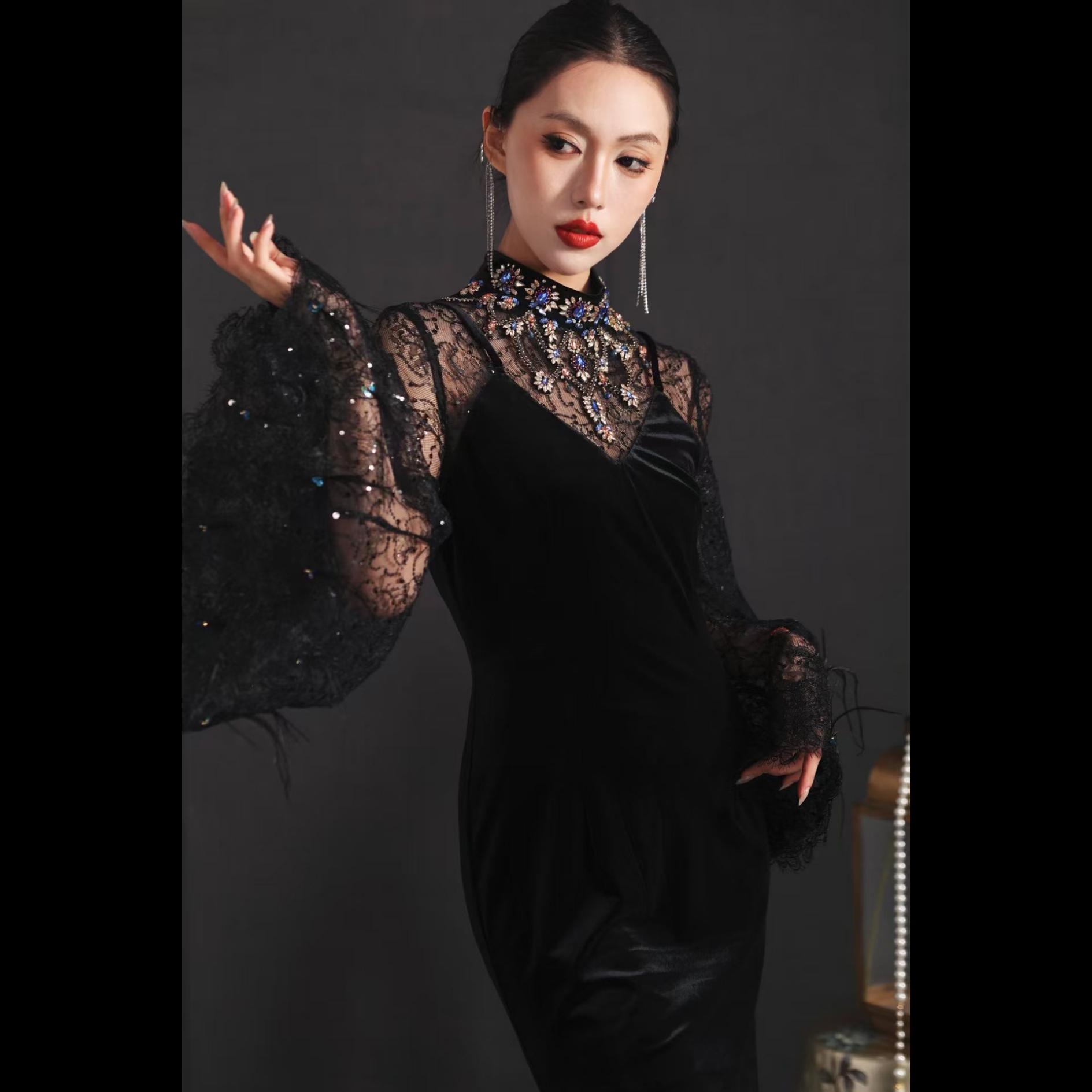 【星钻夜宴丝绒裙】XM轻奢立领长裙高腰蕾丝镂空礼服宴会复古连衣裙