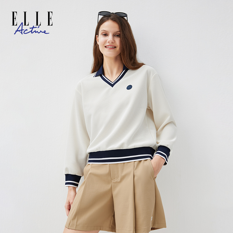 ELLE Active【华夫格】V领宽松落肩卫衣女装休闲翻领撞色运动风上衣
