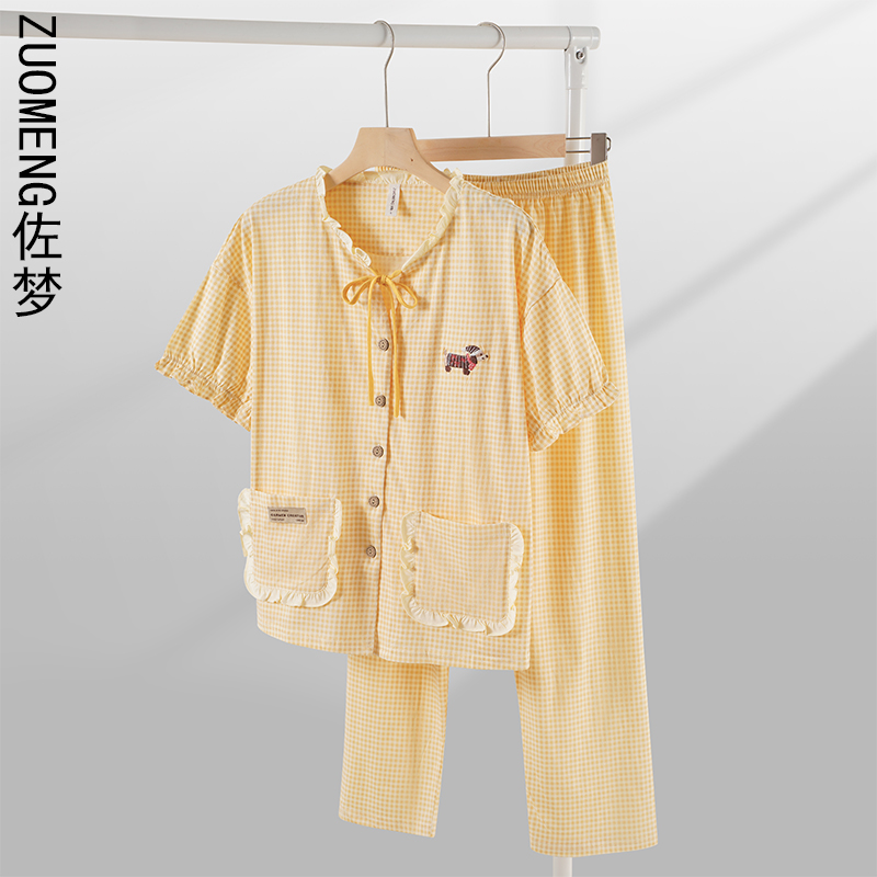 zuomeng/佐梦2025夏秋新款睡衣女短袖长裤格子可外穿家居服套装